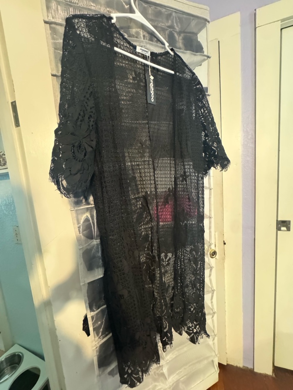 zeagoo Black Crochet Lace Kimono Cover-Up
